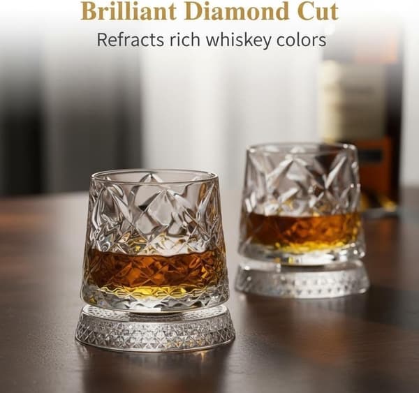 360° roterende whiskyglas med base, diamanttekstureret vinglas, 1 stk.