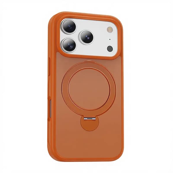Orange Solid Soft Durable Silicone Protective Phone Case with Raised Camera Bumper and Built-in 360 Degree Rotating Ring Stand