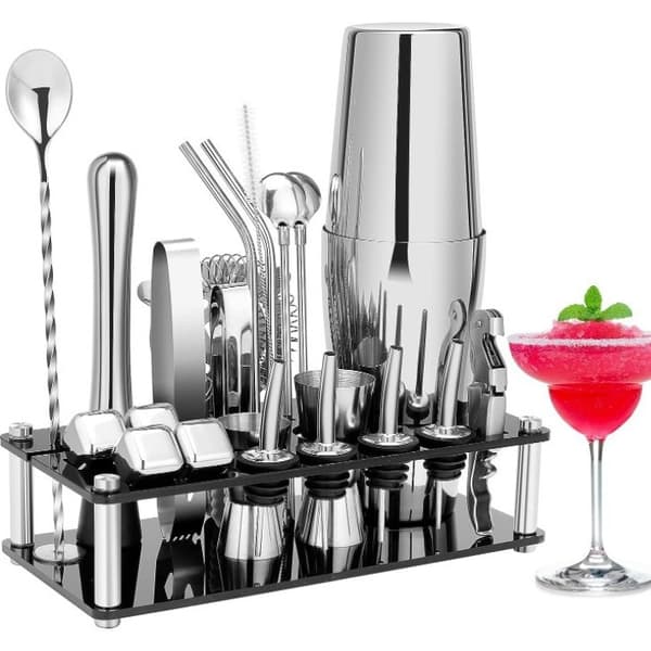 Cocktail Shaker Sæt, Boston Bartender-kit i rustfrit stål med akrylstativ & Cocktailopskriftsbog