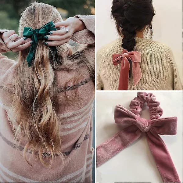 [PL] 6 stk. hårbånd med sløjfe, fløjl, elastiske hårbånd, scrunchie, hårreb, hårsløjfe, hestehaleholder, tilbehør til kvinder og piger