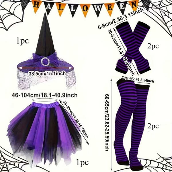Halloween Heksekostume Sæt 6 dele med Hat, Stribede Strømpebukser og Tylskørt One-size Pointed Skirt One-size