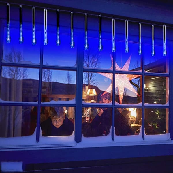 Julebelysning udendørs, meteorregnlys faldende regnlys isblå isblå Ice blue