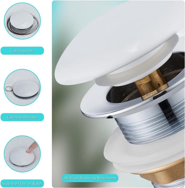 Sink Overflow Protector, Pop-Up Drain with Ceramic Cover, Universal Drain for Sinks and Toilets G1 1/4\", White_yu