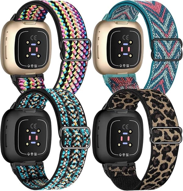 4-delt elastisk nylonrem kompatibel med Fitbit Versa 3 / Fitbit Sense, justerbar elastisk sportsrem til smartwatch (BohoRainbow/Grøn Pil)