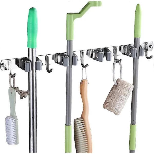 Stainless Steel Wall Mounted Mop Holder with 4 Clamps and 5 Hooks, Wall Mounted Storage Rack - Grey
