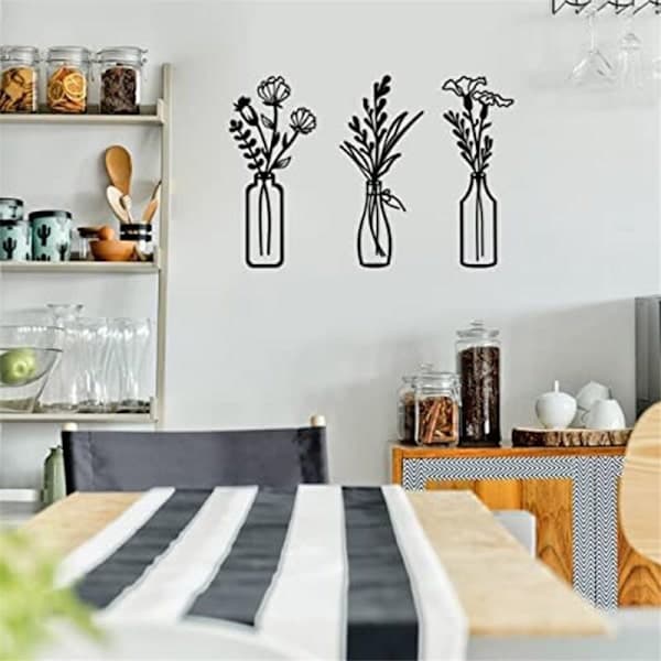 3 stk. Metalvægkunst Blomster Plante Sort Væghængt