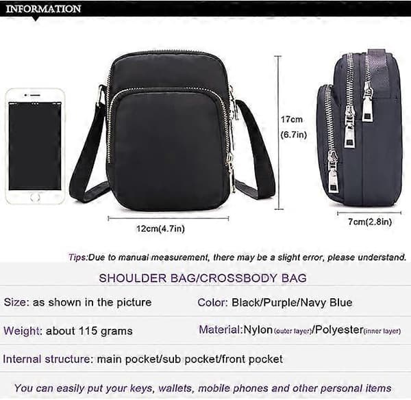 Crossbody-taske til kvinder, nylon-skuldertaske med justerbar rem, sort
