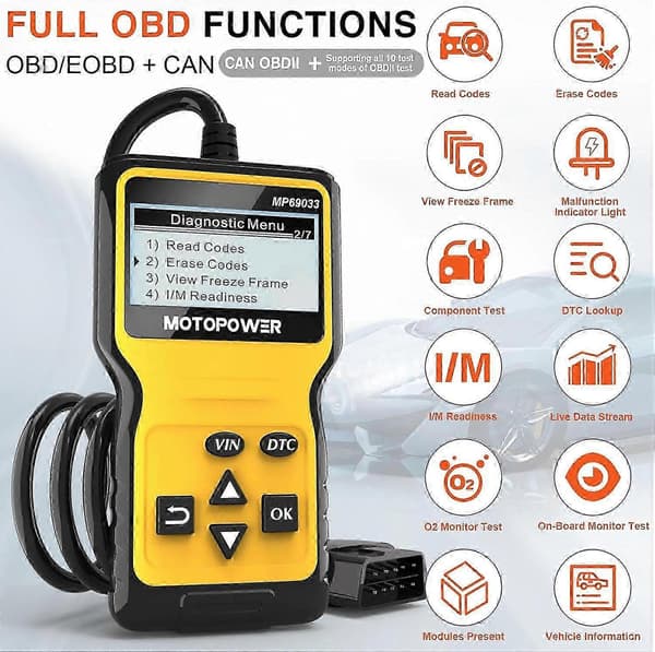 MOTOPOWER MP69033 Car OBD2 Scanner Code Reader Engine Fault Code Reader CAN Diagnostic Scan Tool for All OBD II Protocol Cars Since 1996, Yellow