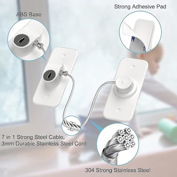 Window Lock 2-pack, Versatile Window Restrictor, Self-Adhesive for Drill-Free Window Lock, Refrigerator Lock with Key, Child Safety
