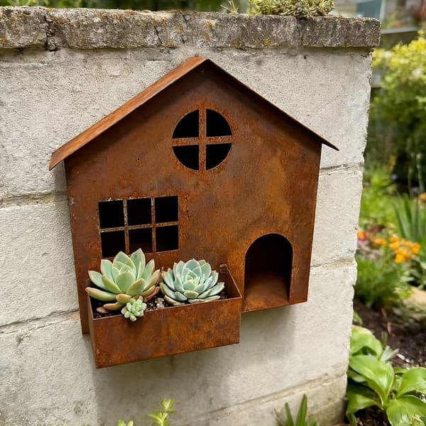 3D Smidd jernhus-plantekasse - Rustikk blomsterfat for sukkulenter - Utendørs hagedekor Rusty House Flower Pot