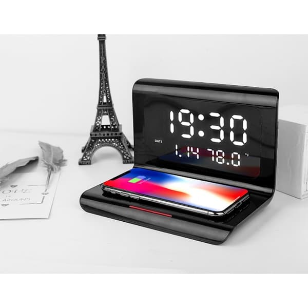 Creative Digital Alarm Clock, Wireless Charging, Multifunctional 3-in-1 Mobile Phone Wireless Charging Alarm Clock, Black