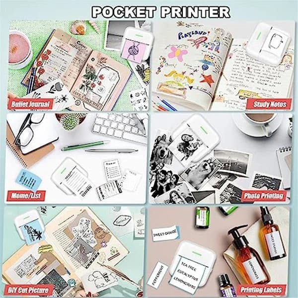 Mini termisk printer blækfri Bluetooth fotoprinter med 5 papirruller til børn, dagbog, studier, rejser, hvid