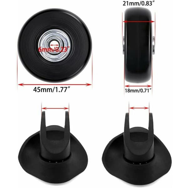 Sett med 4 svingbare reservehjul i gummi for reisekoffert, 45 x 18 mm