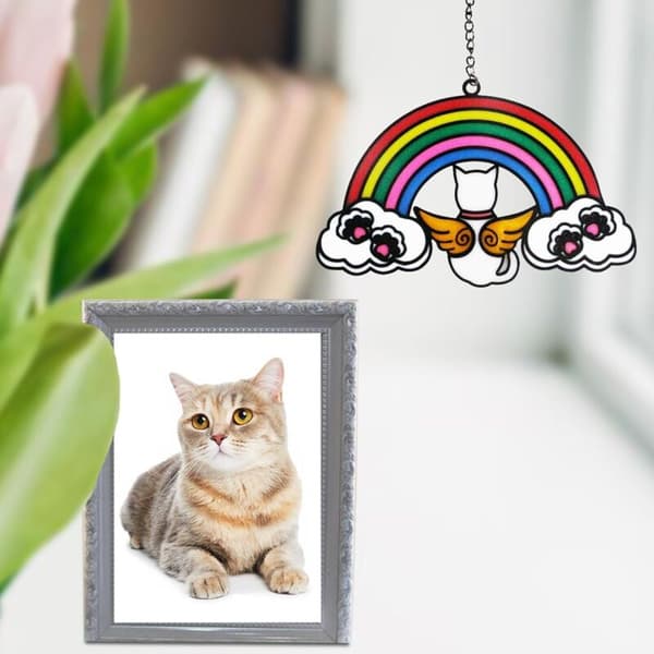 Solfanger i glassmaleri med katt, dobbeltsidig glassdekorasjon til oppheng