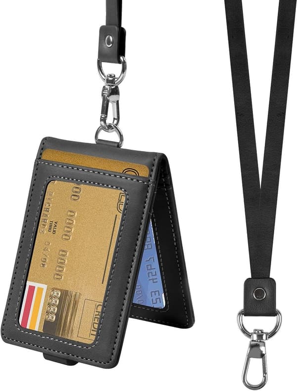 Svart ID-kortholder med snor, vertikalt format, lær, for studenter, rommer opptil 5 kort (1 stk).
