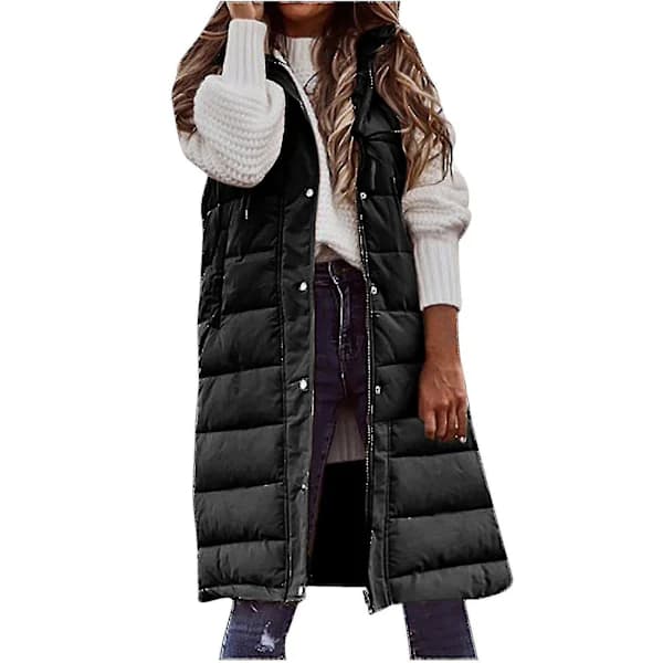 Women's Hooded Vest, Solid Color, Single-Breasted, Padded, Midi Length, Sleeveless, with Pockets Black Black L