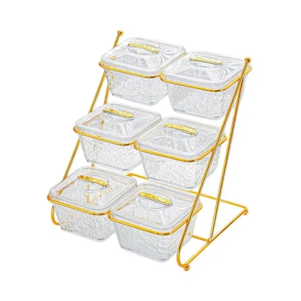 Serveringsbakke med 6 rum til snacks med låg og displaystativ til slik, nødder, appetitvækkere, fester, klar guld 22,5 cm