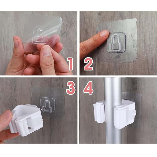 Self-adhesive Broom and Mop Holder Wall Mounted Plastic Organizer for Kitchen and Bathroom White