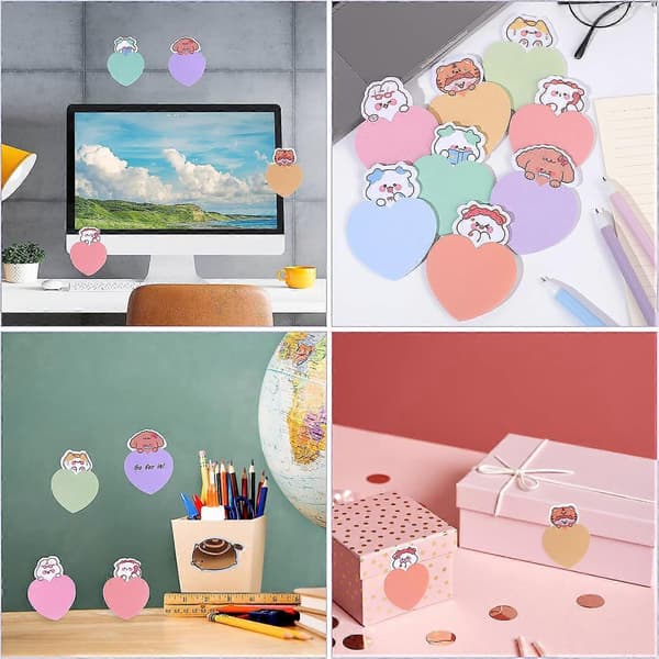 Søde hjerteformede sticky notes, 8 pakker, selvklæbende tegneseriedyre-sticky notes, farverige hjerter, 240 ark, tilfældig stil