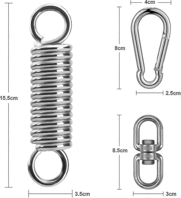 Fjäder för hängstol i 304 rostfritt stål, 360° vridkrok, 2 karbinhakar, max 250 kg
