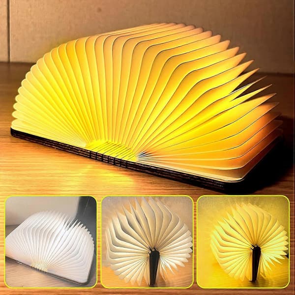 Foldbar LED-boglampe i træ, genopladelig - 15 x 11 x 2,5 cm