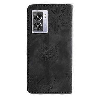 Compatible with OnePlus Nord N300 Embossed Butterfly Case with Wallet and Stand Function - Black Black Black