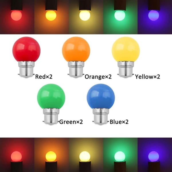 10 kpl B22 1W LED-värivaloja G45, punainen, vihreä, sininen, oranssi, keltainen