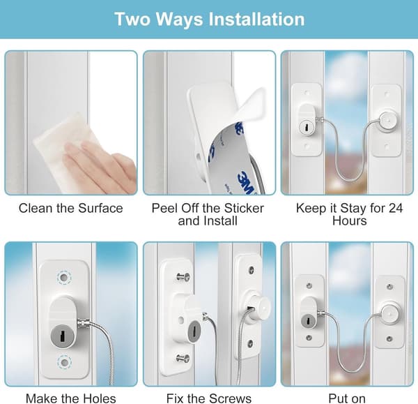 Window Restrictor, Cable Lock, Key-Operated Child-Safe Window Lock with 18 cm Steel Cable, Self-Adhesive or Screw Mounting, 2-pack White, 7.5x3.2cm