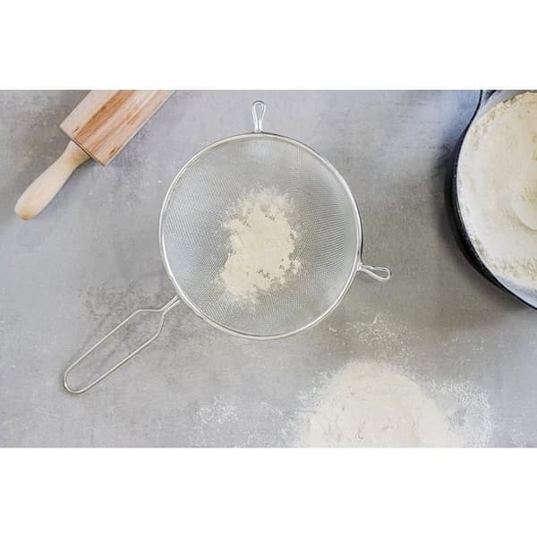 Stor sil med håndtak, fortinnet metall, for baking og matlaging, sølv