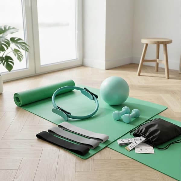 11-delt pilates-sæt med ring, bold, bånd og håndvægte