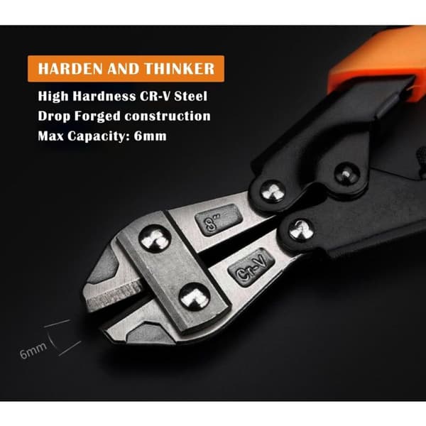 Compact Chrome Vanadium Steel Bolt Cutter with Reinforced Rubber Jaws 200mm 8 Inch