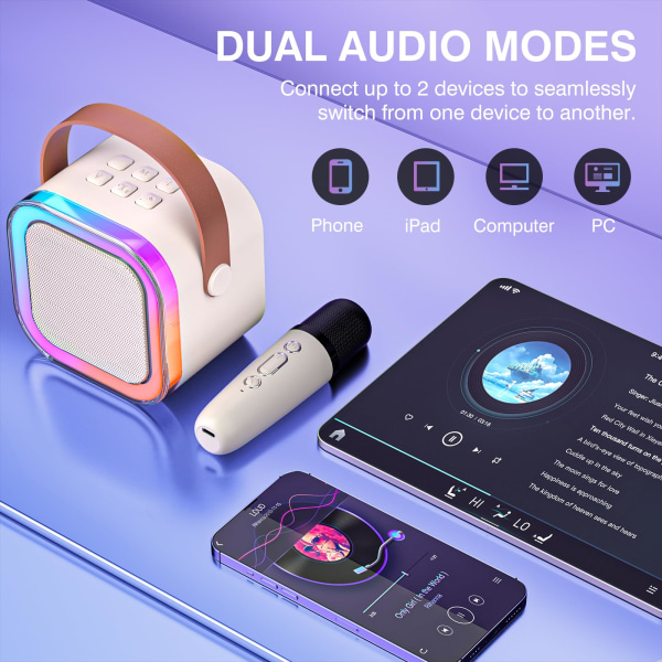 Bärbar Bluetooth Karaoke-maskin - Rolig för barn och vuxna, Inkluderar 2 trådlösa mikrofoner och lampor, Perfekt för fester och familjesammankomster Beige 1pcs