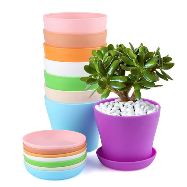 8 kpl 10 cm Kukkaruukkuja Rei'illä, Pieniä Kaktusruukkuja, Pyöreitä Muoviruukkuja, Kukkaruukku Aluslautasella Toimistoparvekkeelle, Värikäs colorful