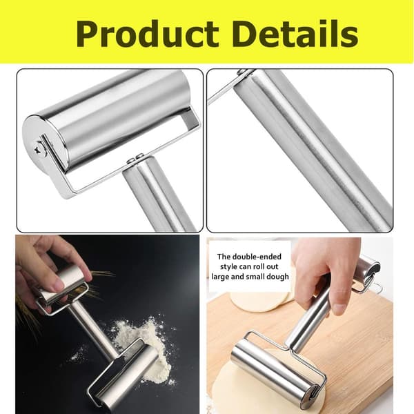 Mini Rolling Pin Double-Sided Stainless Steel Non-Stick Small Rolling Pin with Ergonomic Handle for Pizza Cake Bread Silver