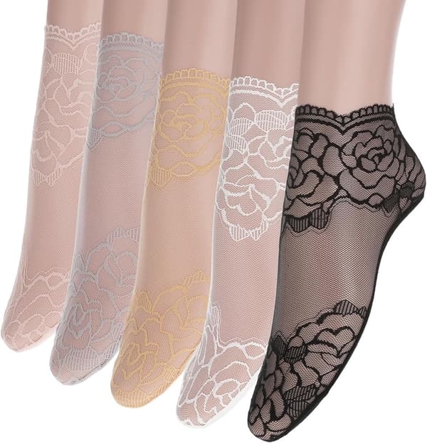 Plisserede blondestrømper til kvinder, kort netbomuld, sommertynde, en størrelse, hvid/grå/rosa/sort/beige, 5 par