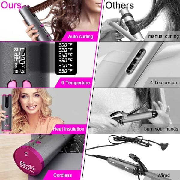 Cordless curling iron with 6 temperature settings, ceramic coating, LCD display, adjustable timer, automatic rotating hair curler