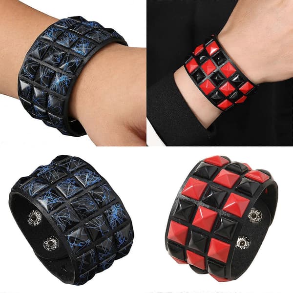 Three Row Square Stud Punk Style Leather Bracelet Adjustable Multicolor