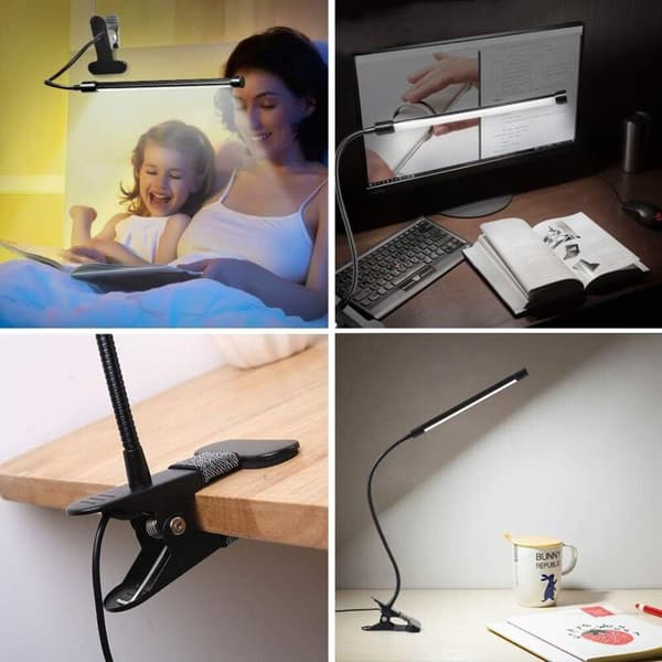 LED-skrivebordslampe med klemme, USB, 7 W, 3 lystilstande, 10 lysstyrkeniveauer, sort