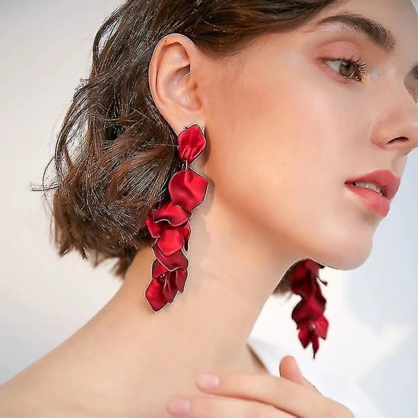 Long Acrylic Rose Petal Earrings Dangle Exaggerated Flower Earrings Drop, Red