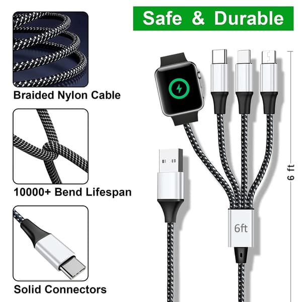 Multi-opladningskabel til Apple Watch, magnetisk trådløs oplader, 4-i-1 nylonflettet kabel til flere enheder, USB C/M