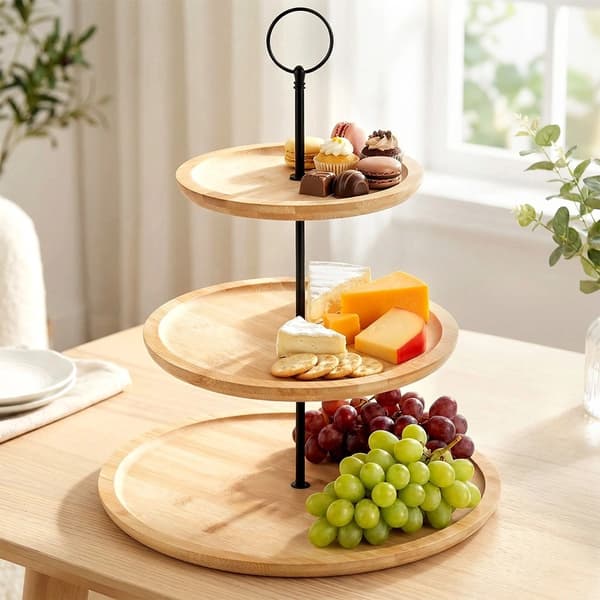 3-etasjers kakefat i bambu, 34 cm, svart metallhåndtak