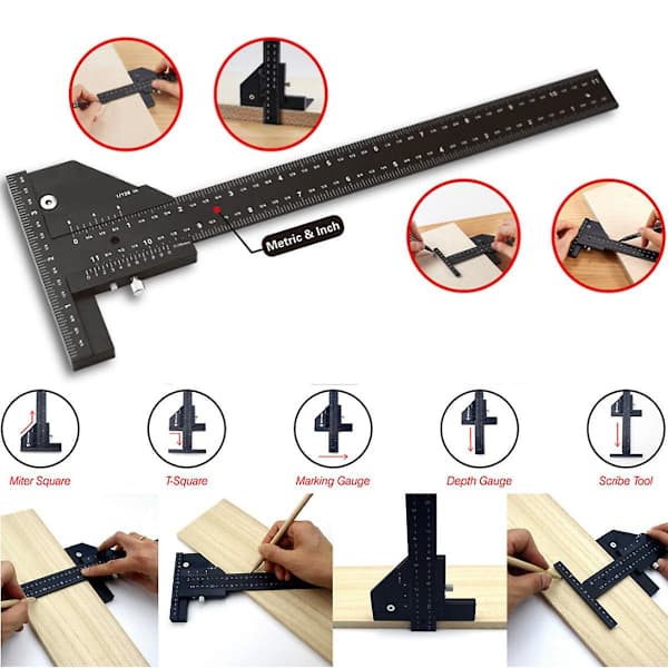 Woodworking Tool T-Ruler Caliper Aluminum Alloy Scribing Ruler Depth Gauge T-Angle Scribing Tool