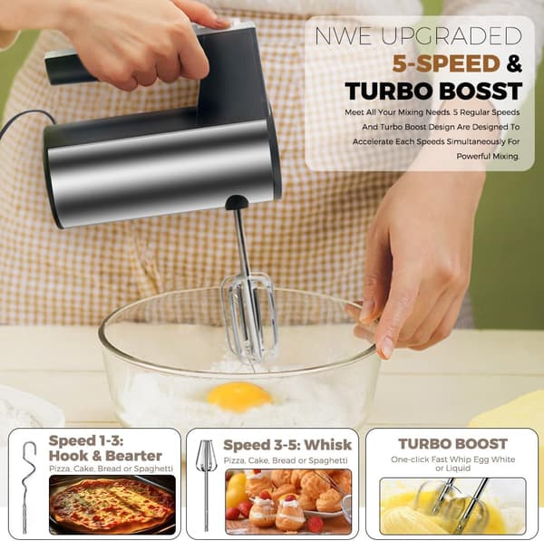 Elektrisk håndmikser 1000W rustfritt stål 5 hastigheter Turbo Boost baking