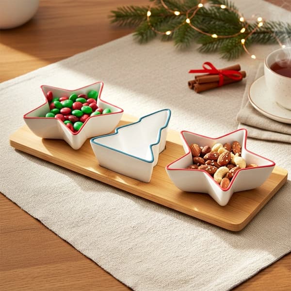 Snackskålsæt i porcelæn med bambusbakke, 4 dele