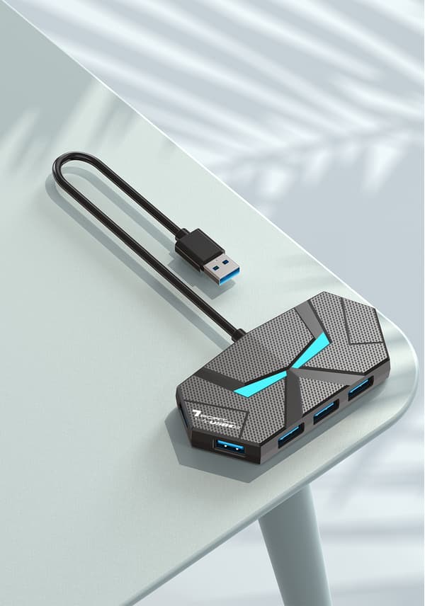 USB 3.0-hub med 7 porte og strømadapter, 1,2 m forlængerkabel, LED-lys, sort