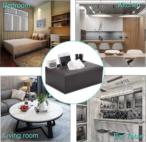 Rectangular Faux Leather Tissue Box with Remote Control Holder - Elegant and Stylish - Tissue Box for Home Office - Brown
