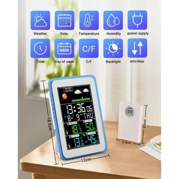 Wireless weather station for indoor and outdoor use with thermometer, hygrometer and barometer. 10 functions. LED sensor with backlit display.