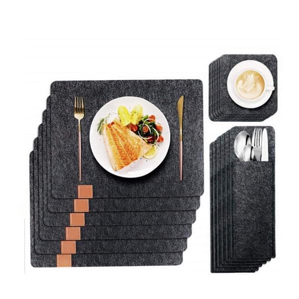 Felt Coasters, 18-pack - Washable Table Mats, Coasters and Cutlery Pockets in Dark Grey for Table, Bar and Kitchen