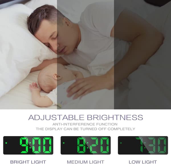 Digitalt vækkeur 6,5'' LED-display, justerbar lysstyrke, USB-opladning, sort