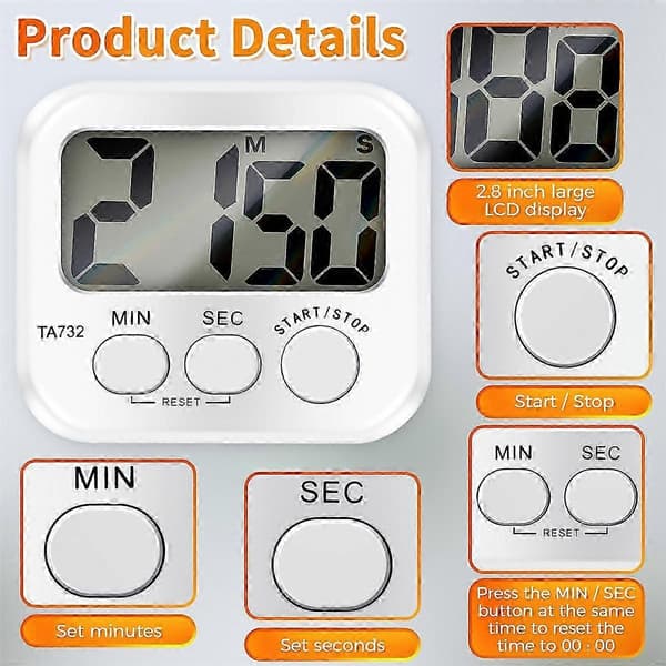 Digital kökstimer med högt larm, stor skärm och typsnitt, magnetisk baksida, matlagningstimer Vit White